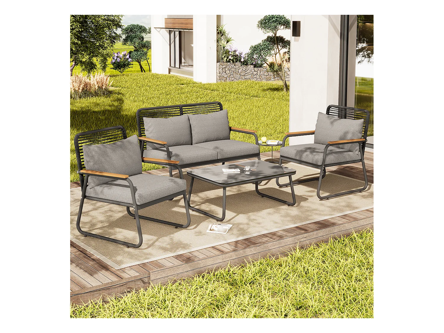 Zestaw mebli ogrodowych modułowych z ocynkowanego żelaza: 1 sofa 2-osobowa + 2 fotele + stolik kawowy - Jasnoszary