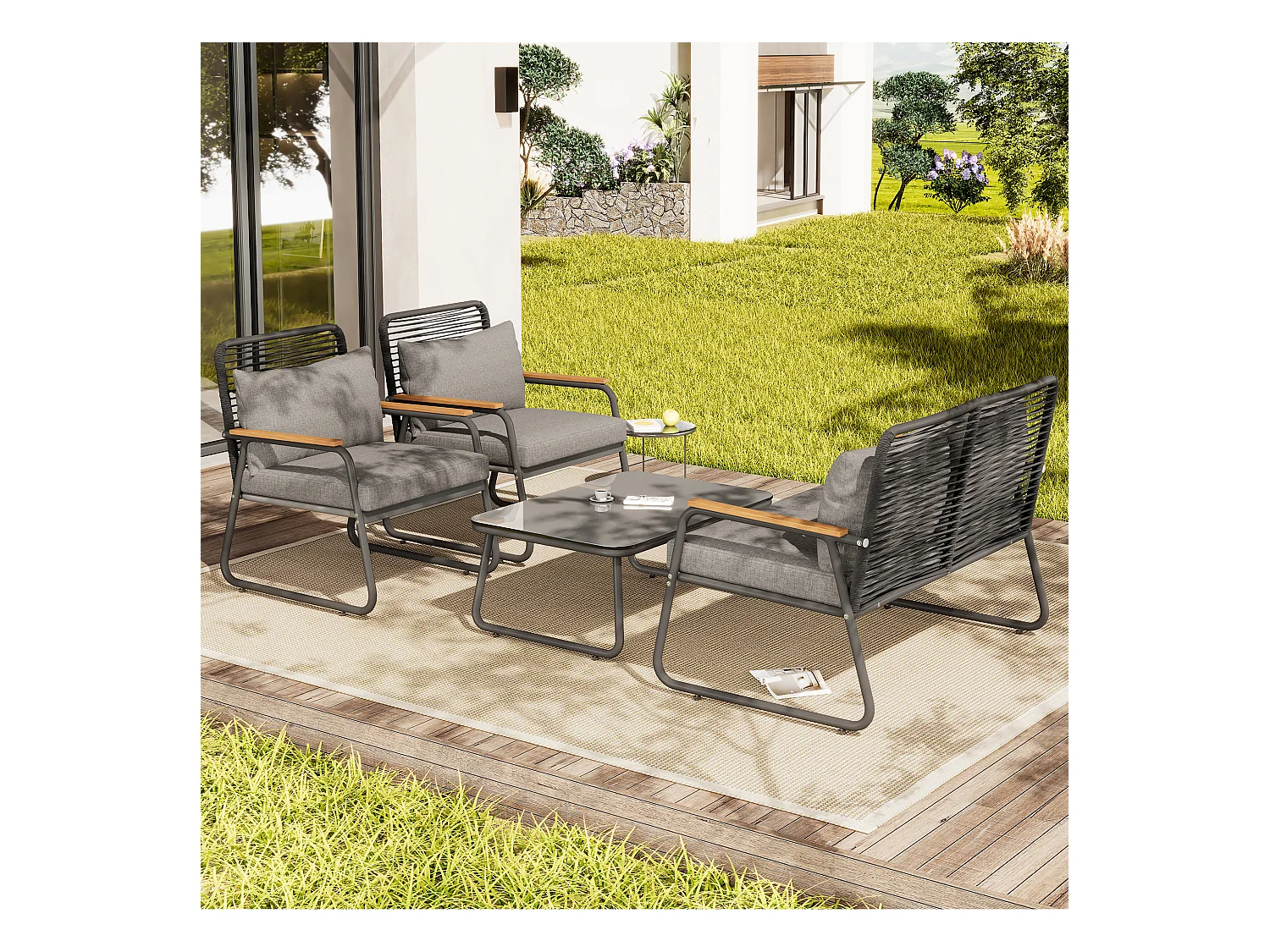 Zestaw mebli ogrodowych modułowych z ocynkowanego żelaza: 1 sofa 2-osobowa + 2 fotele + stolik kawowy - Jasnoszary