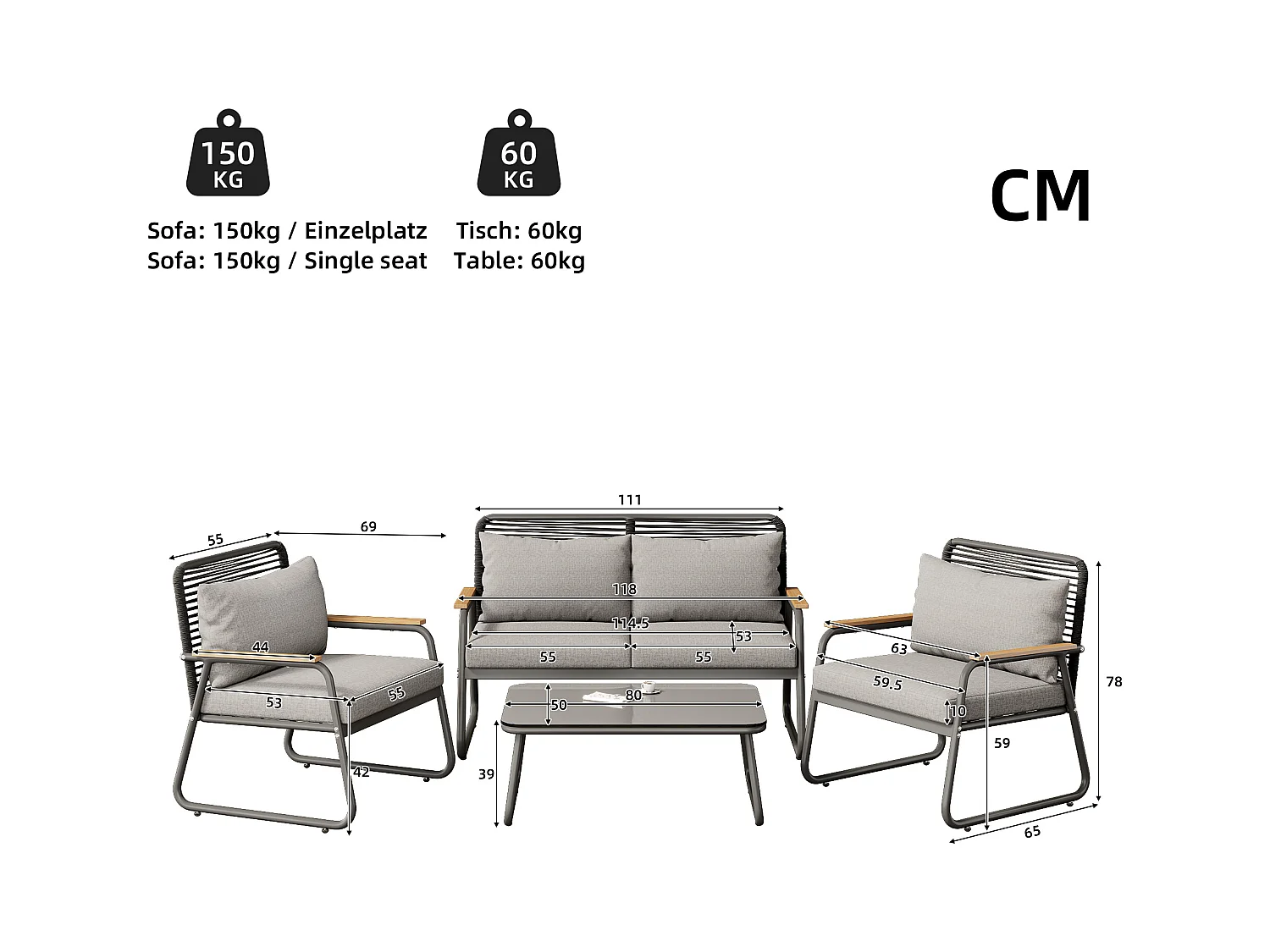 Zestaw mebli ogrodowych modułowych z ocynkowanego żelaza: 1 sofa 2-osobowa + 2 fotele + stolik kawowy - Jasnoszary