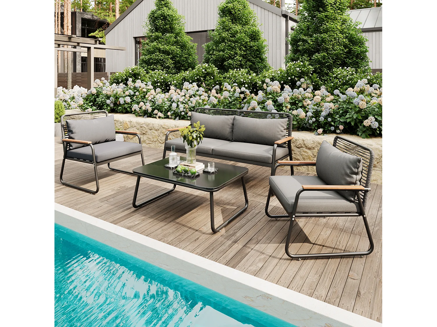 Modulare Gartenmöbel aus verzinktem Eisen: 1 2-Sitzer-Sofa + 2 Sessel + Couchtisch - Hellgrau