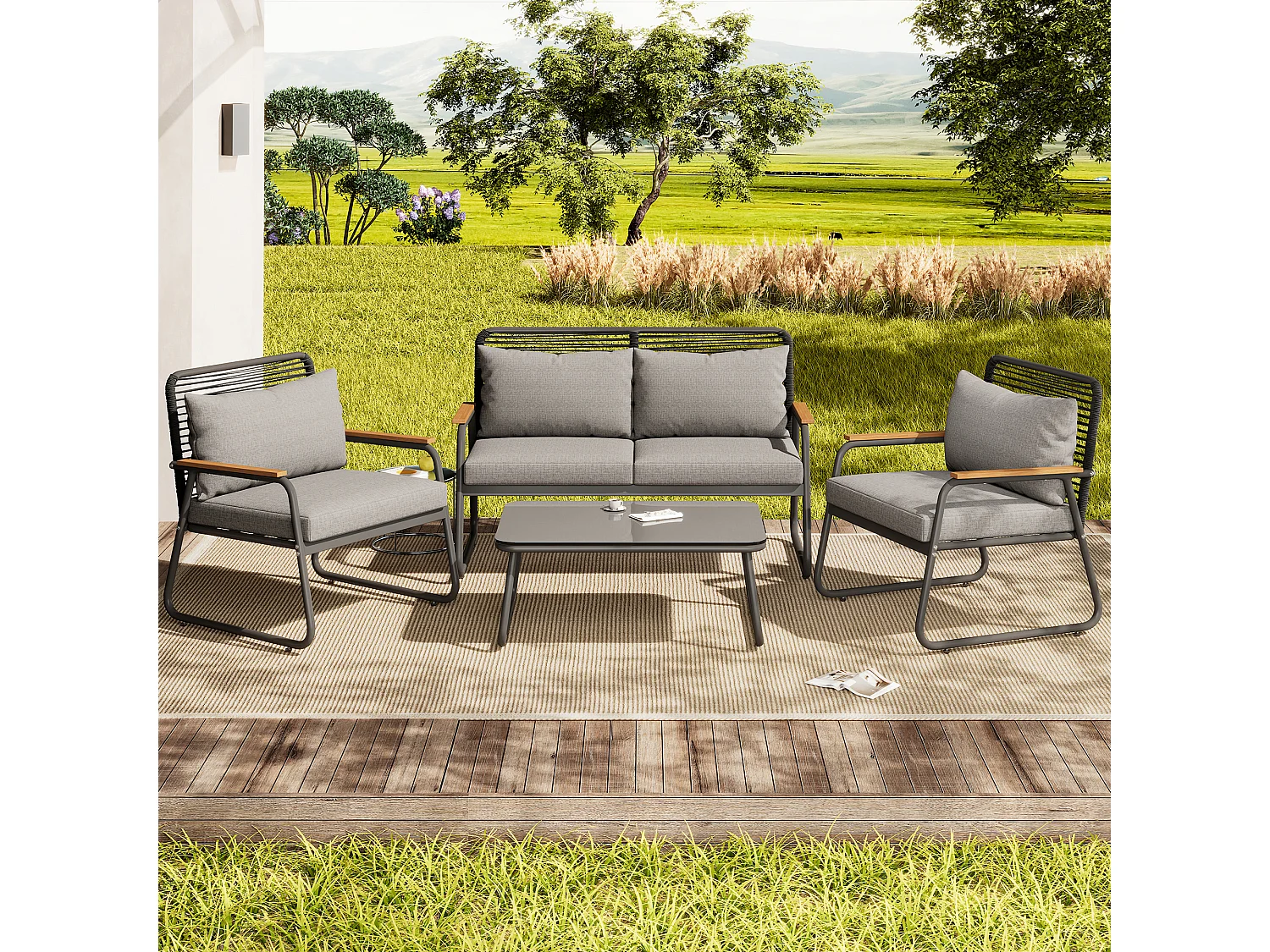 Modulare Gartenmöbel aus verzinktem Eisen: 1 2-Sitzer-Sofa + 2 Sessel + Couchtisch - Hellgrau