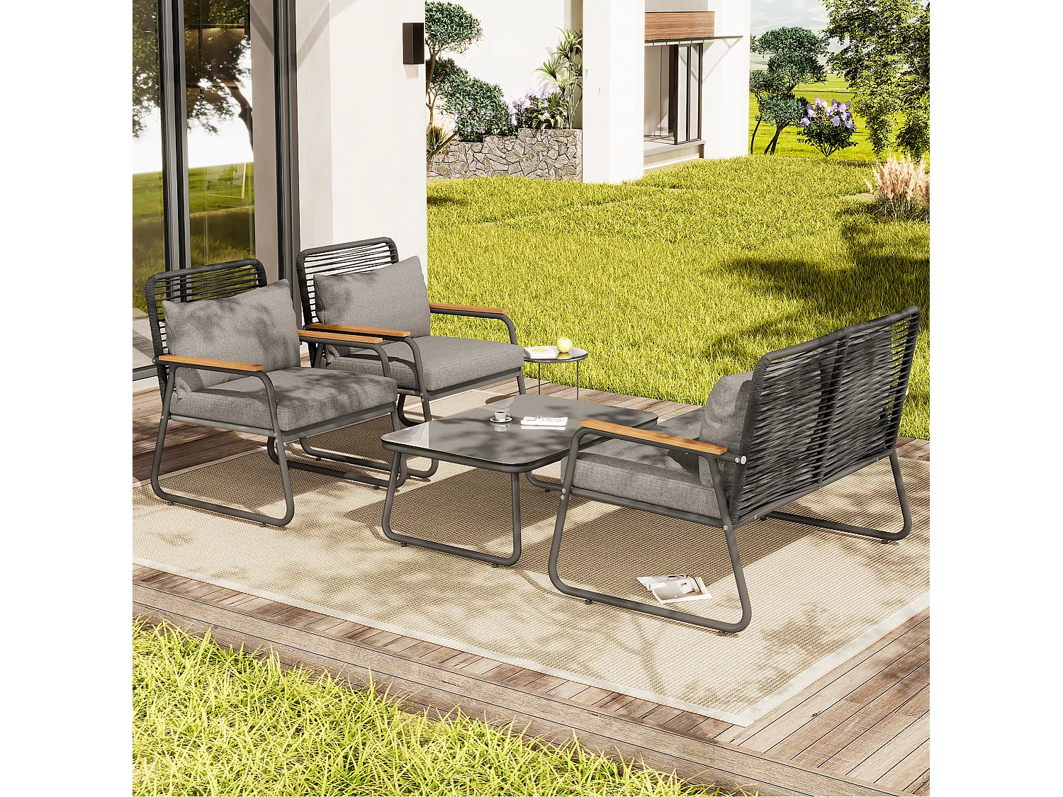 Modulare Gartenmöbel aus verzinktem Eisen: 1 2-Sitzer-Sofa + 2 Sessel + Couchtisch - Hellgrau