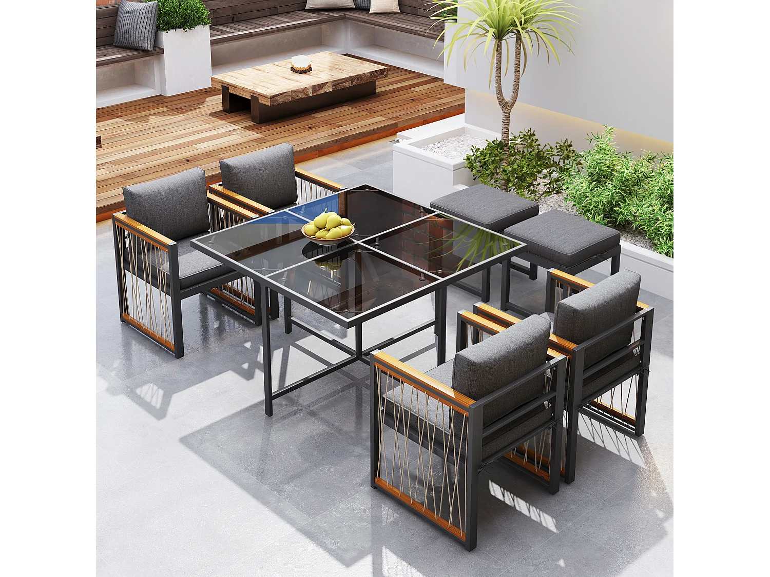 Zestaw mebli ogrodowych z drewna akacjowego 6-osobowy: stół jadalny + 4 fotele + 2 hokery - na taras, do ogrodu i na balkon - Czarny + naturalny