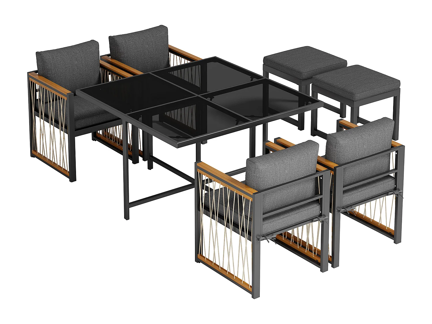 Zestaw mebli ogrodowych z drewna akacjowego 6-osobowy: stół jadalny + 4 fotele + 2 hokery - na taras, do ogrodu i na balkon - Czarny + naturalny