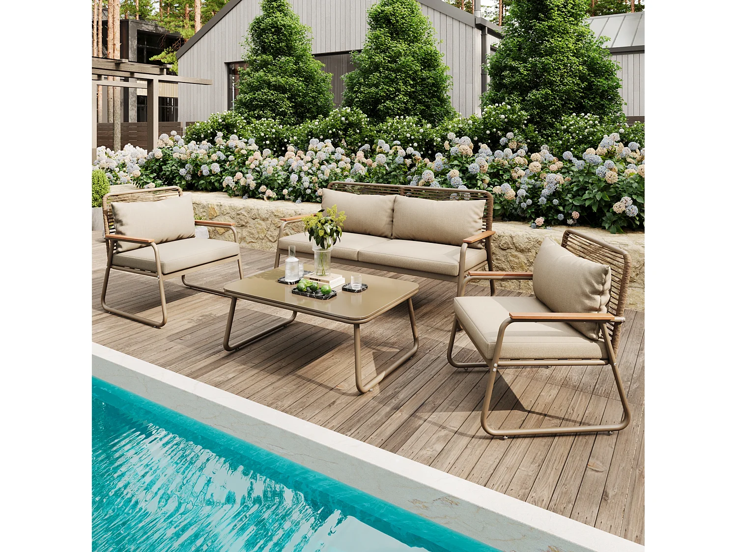 Modulare Gartenmöbel aus verzinktem Eisen: 1 2-Sitzer-Sofa + 2 Sessel + Couchtisch - Beige