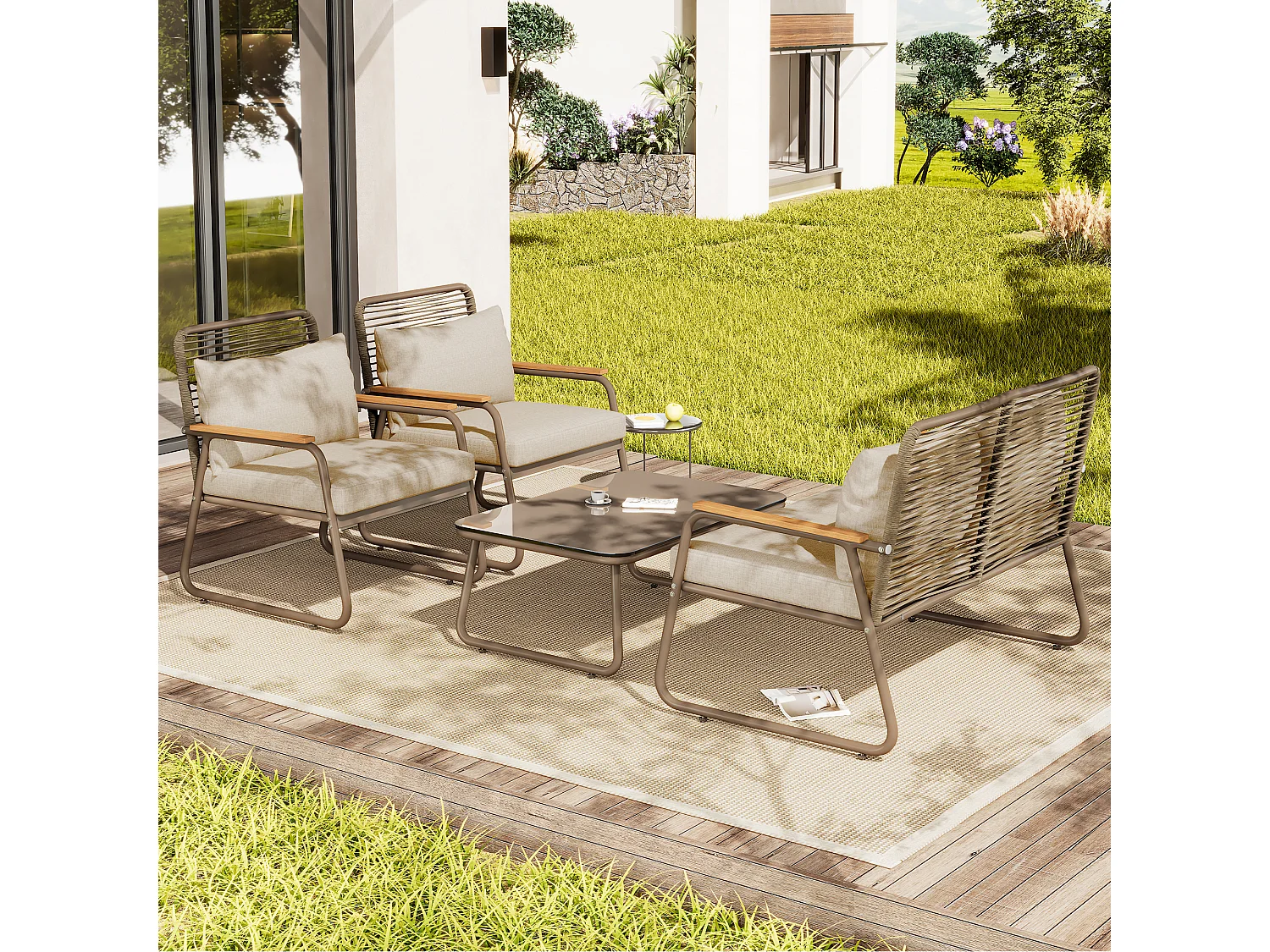Modulare Gartenmöbel aus verzinktem Eisen: 1 2-Sitzer-Sofa + 2 Sessel + Couchtisch - Beige