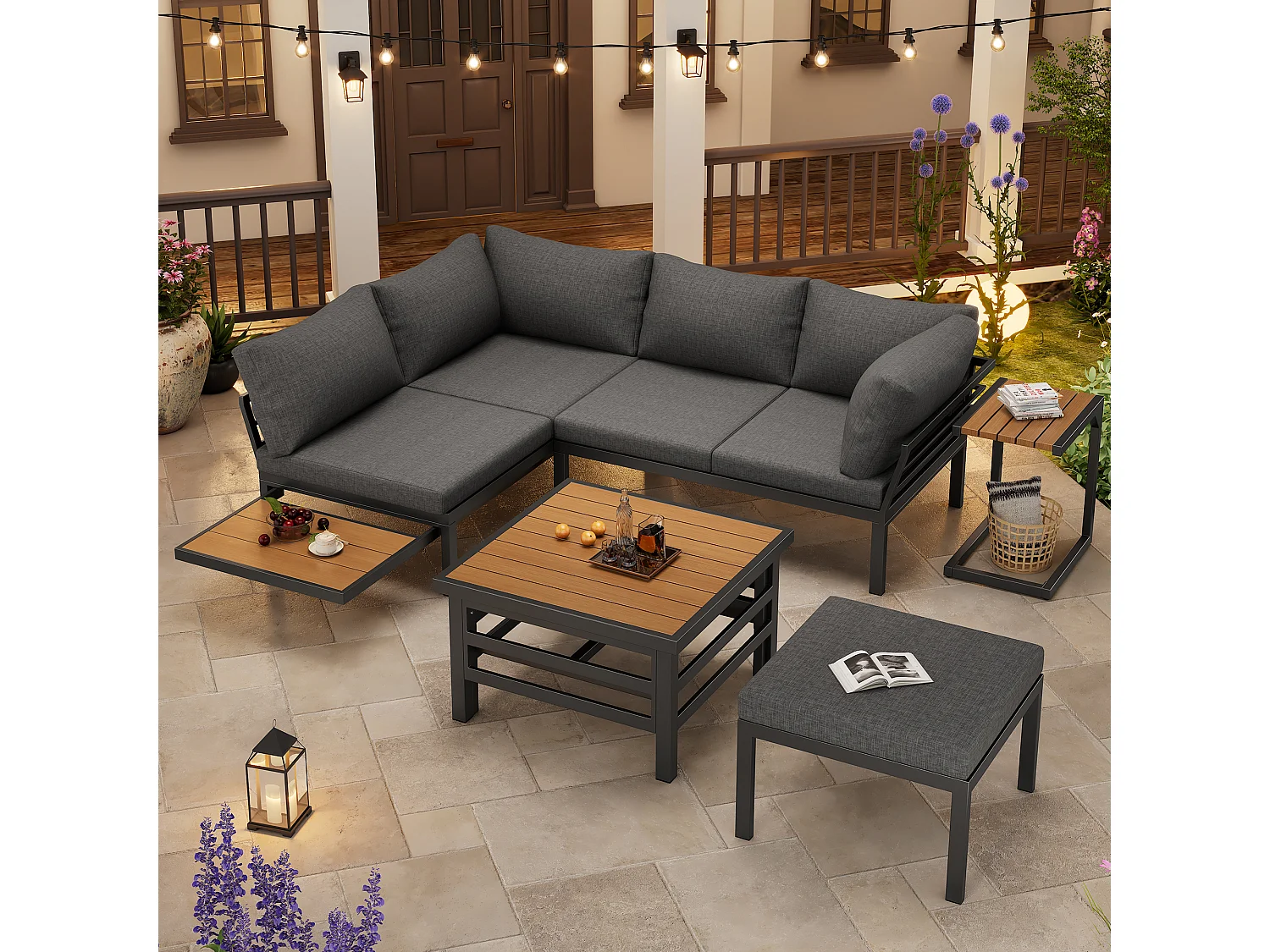 Modulare Gartenmöbel aus verzinktem Eisen: 2 2-Sitzer-Sofas + 1 Hocker + hochklappbarer Couchtisch + 1 Beistelltisch - Grau