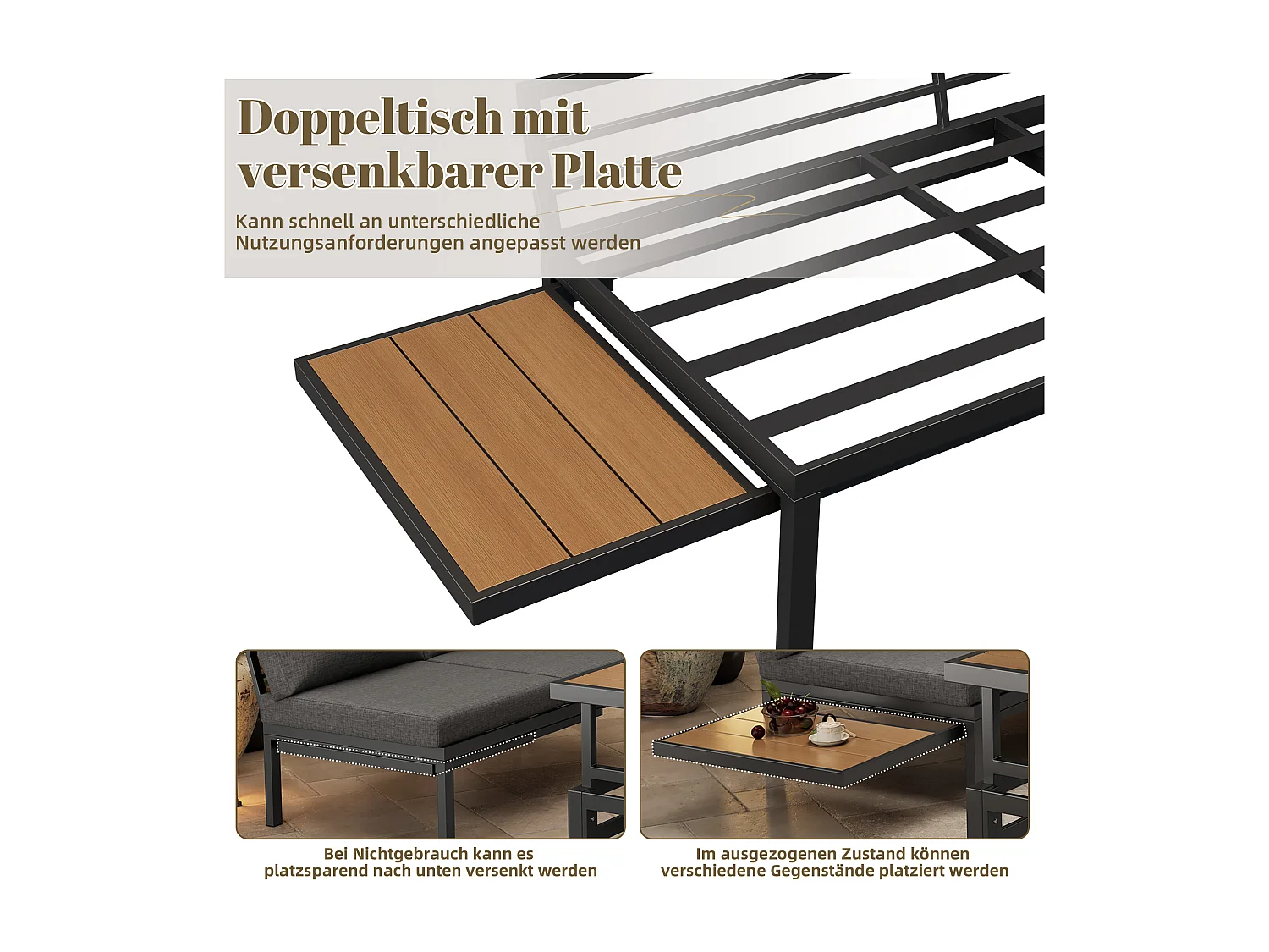 Modulare Gartenmöbel aus verzinktem Eisen: 2 2-Sitzer-Sofas + 1 Hocker + hochklappbarer Couchtisch + 1 Beistelltisch - Grau