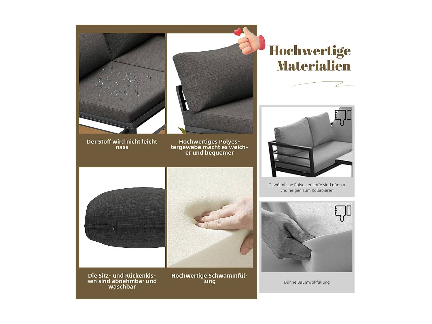 Modulare Gartenmöbel aus verzinktem Eisen: 2 2-Sitzer-Sofas + 1 Hocker + hochklappbarer Couchtisch + 1 Beistelltisch - Grau