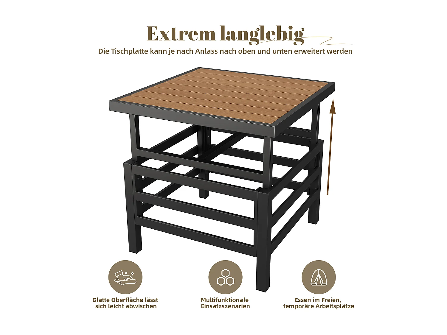 Modulare Gartenmöbel aus verzinktem Eisen: 2 2-Sitzer-Sofas + 1 Hocker + hochklappbarer Couchtisch + 1 Beistelltisch - Grau