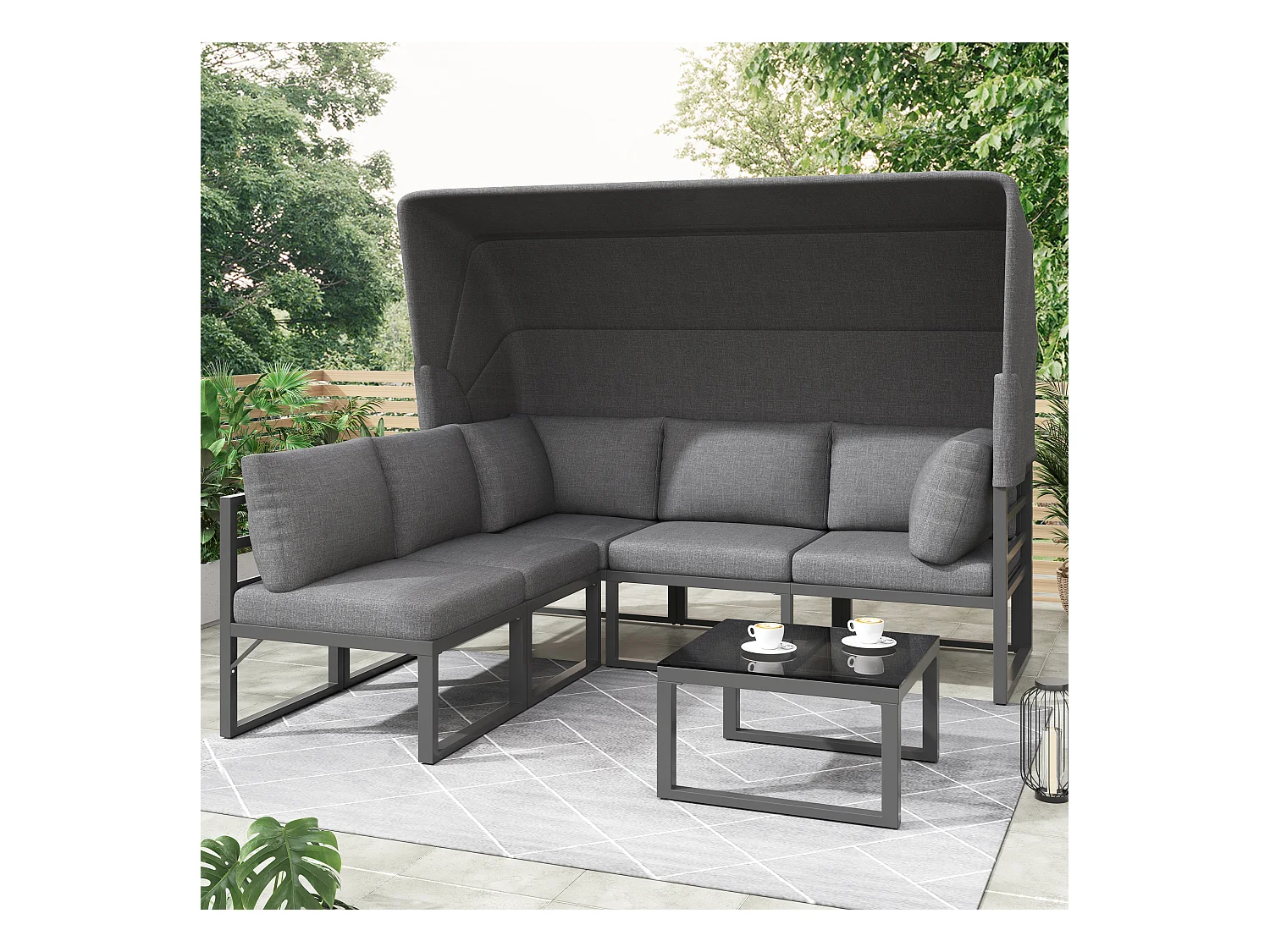 5-Sitzer-Gartenmöbel-Set aus Metall, modular, mit Couchtisch und faltbarer Markise, Glasplatte, Schwarz