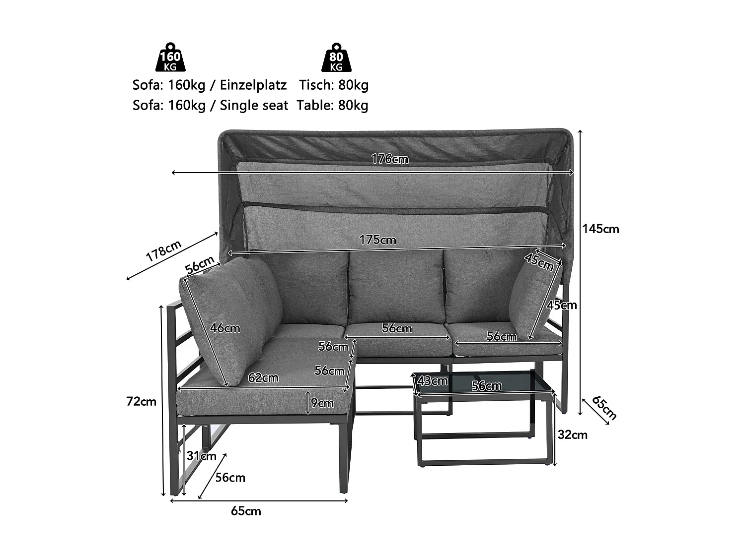 5-Sitzer-Gartenmöbel-Set aus Metall, modular, mit Couchtisch und faltbarer Markise, Glasplatte, Schwarz