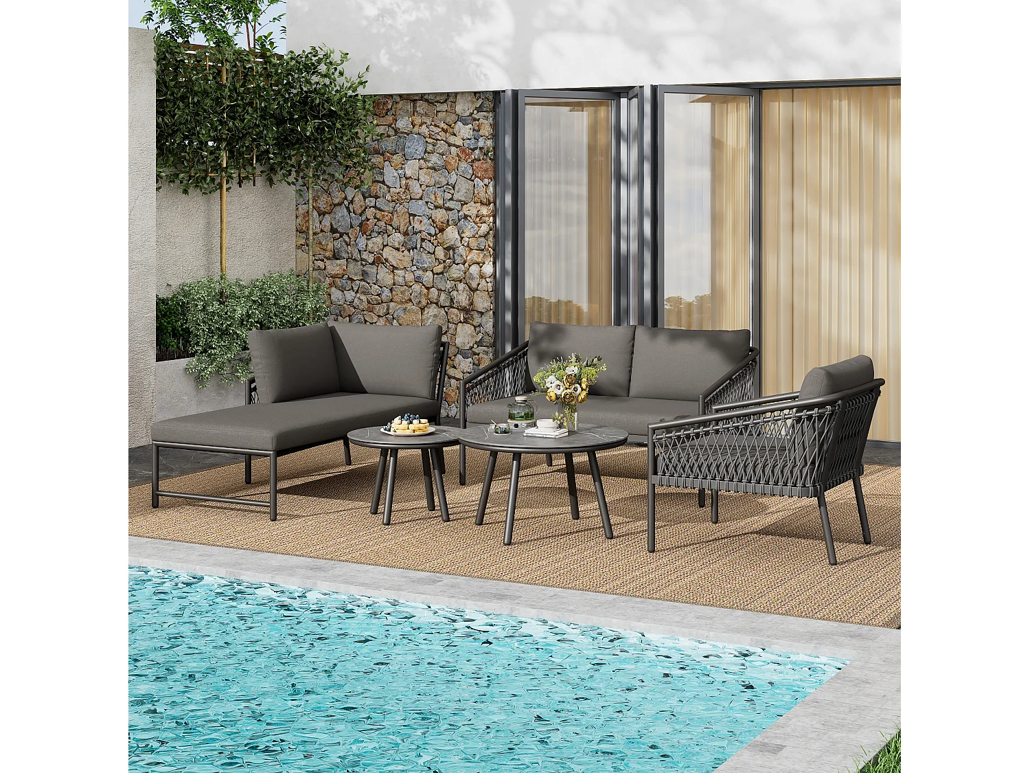 Arredo da giardino componibile in ferro e corda: 2 divani 2 posti + 1 poltrona + tavolini impilabili - Grigio