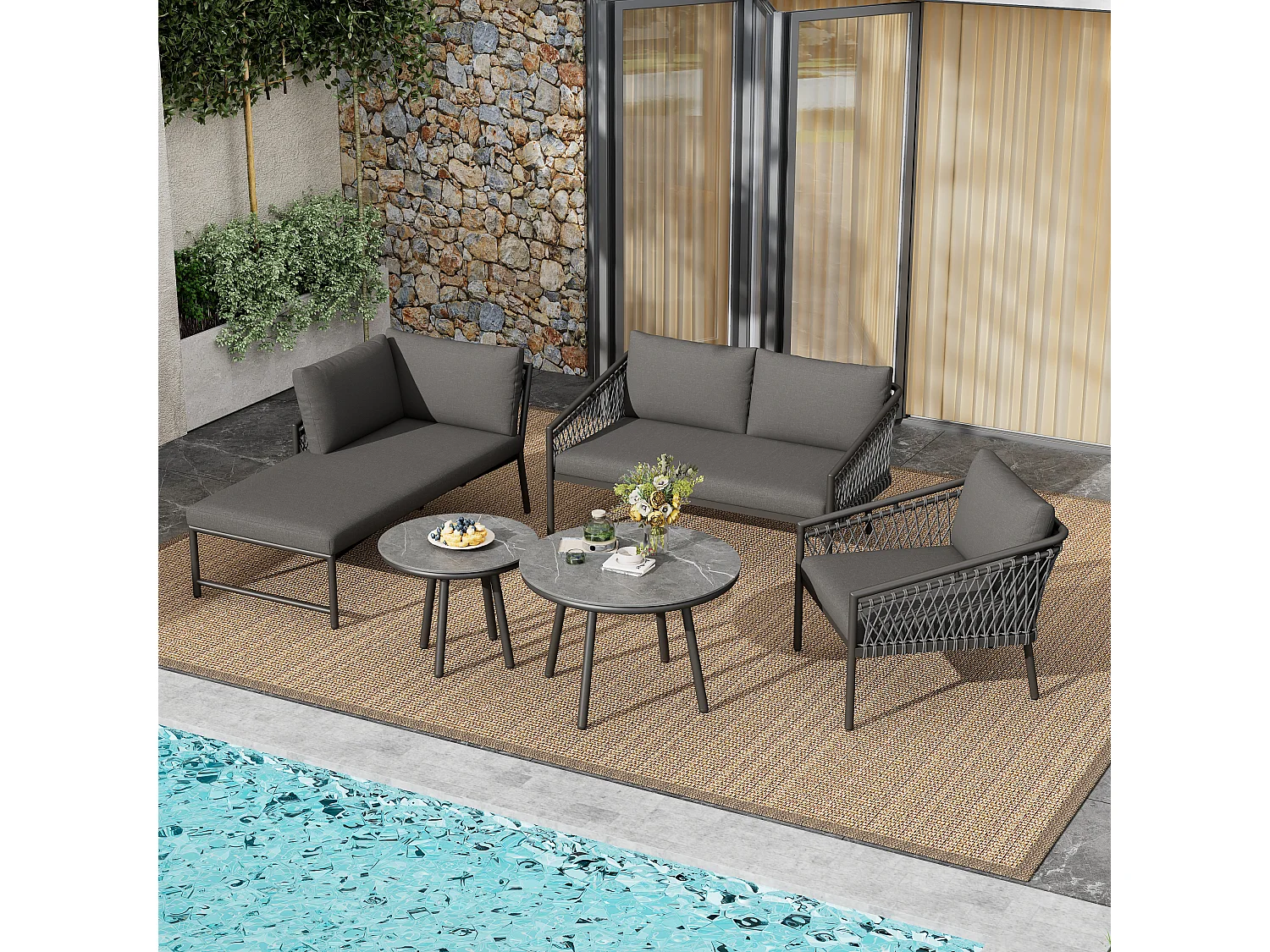 Arredo da giardino componibile in ferro e corda: 2 divani 2 posti + 1 poltrona + tavolini impilabili - Grigio