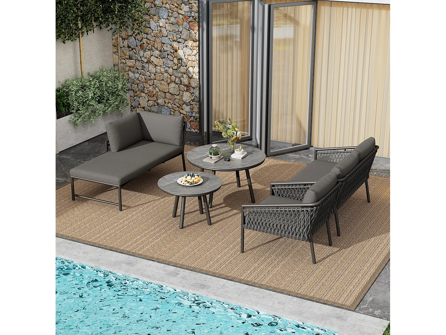 Arredo da giardino componibile in ferro e corda: 2 divani 2 posti + 1 poltrona + tavolini impilabili - Grigio