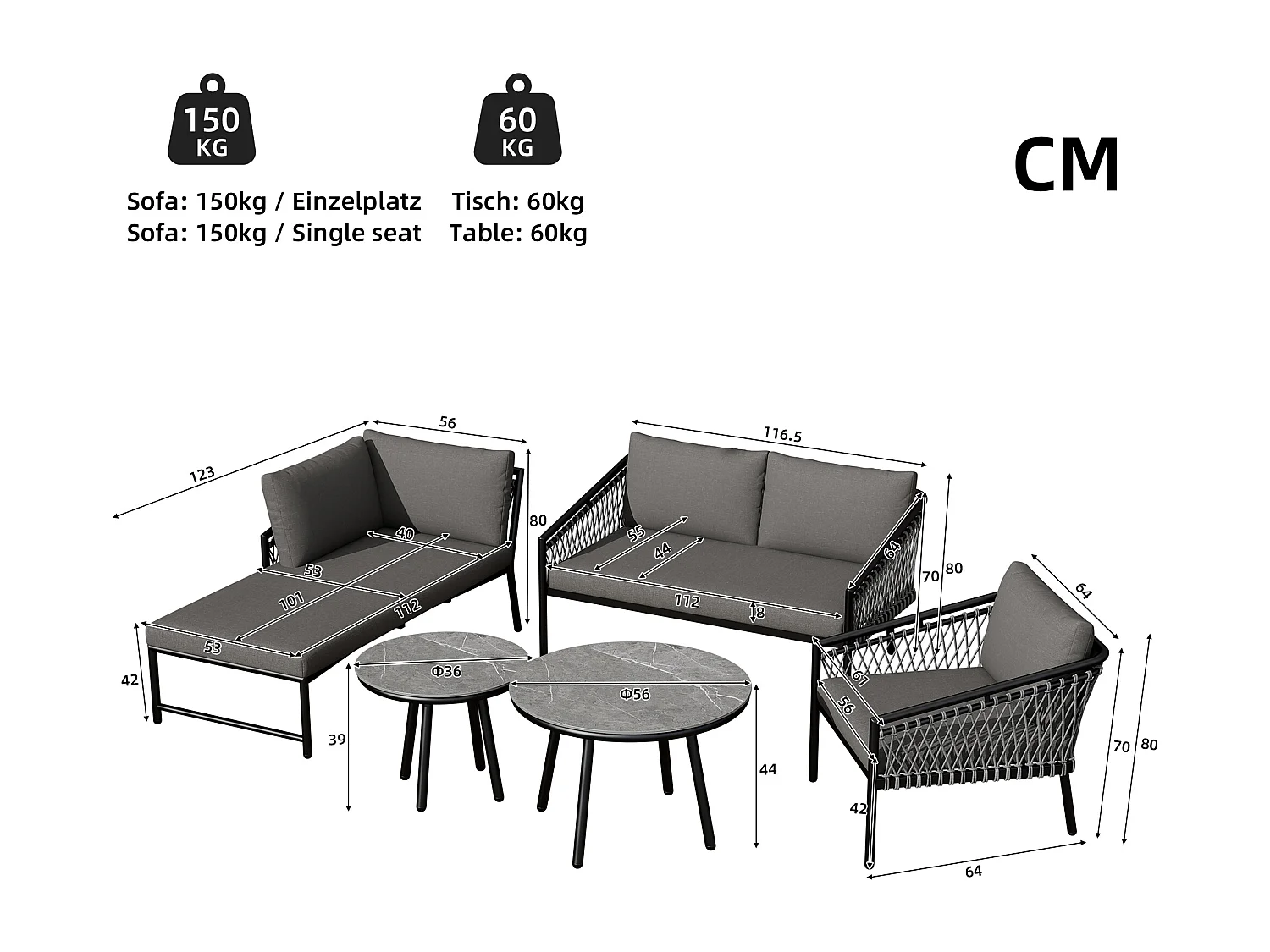 Arredo da giardino componibile in ferro e corda: 2 divani 2 posti + 1 poltrona + tavolini impilabili - Grigio
