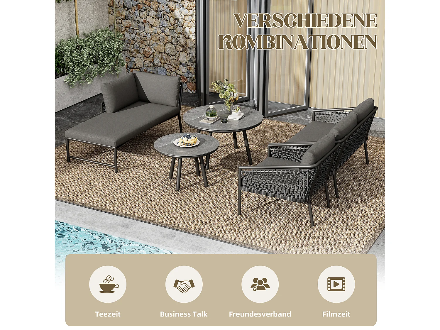 Arredo da giardino componibile in ferro e corda: 2 divani 2 posti + 1 poltrona + tavolini impilabili - Grigio