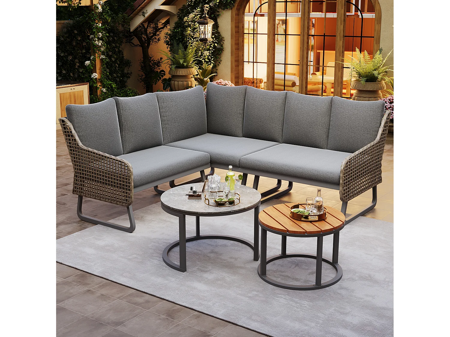 Zestaw mebli ogrodowych modułowych z ocynkowanego żelaza i rattanu: 3 dwuosobowe sofy + składane stoliki kawowe - Szary