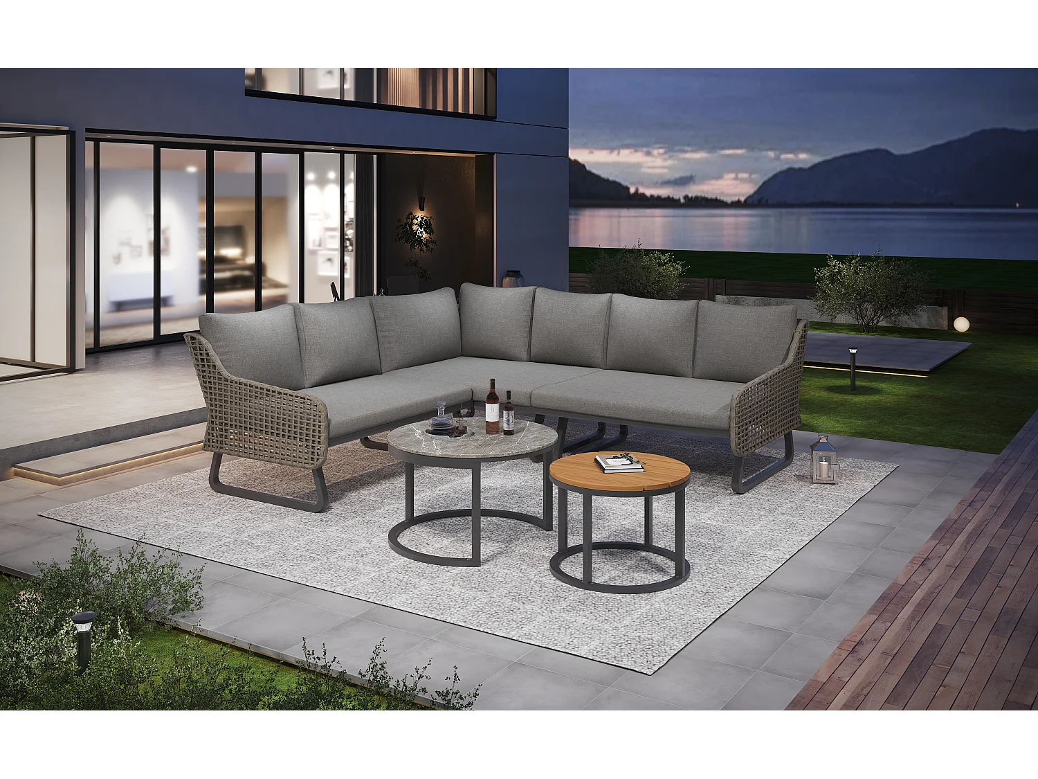 Zestaw mebli ogrodowych modułowych z ocynkowanego żelaza i rattanu: 3 dwuosobowe sofy + składane stoliki kawowe - Szary