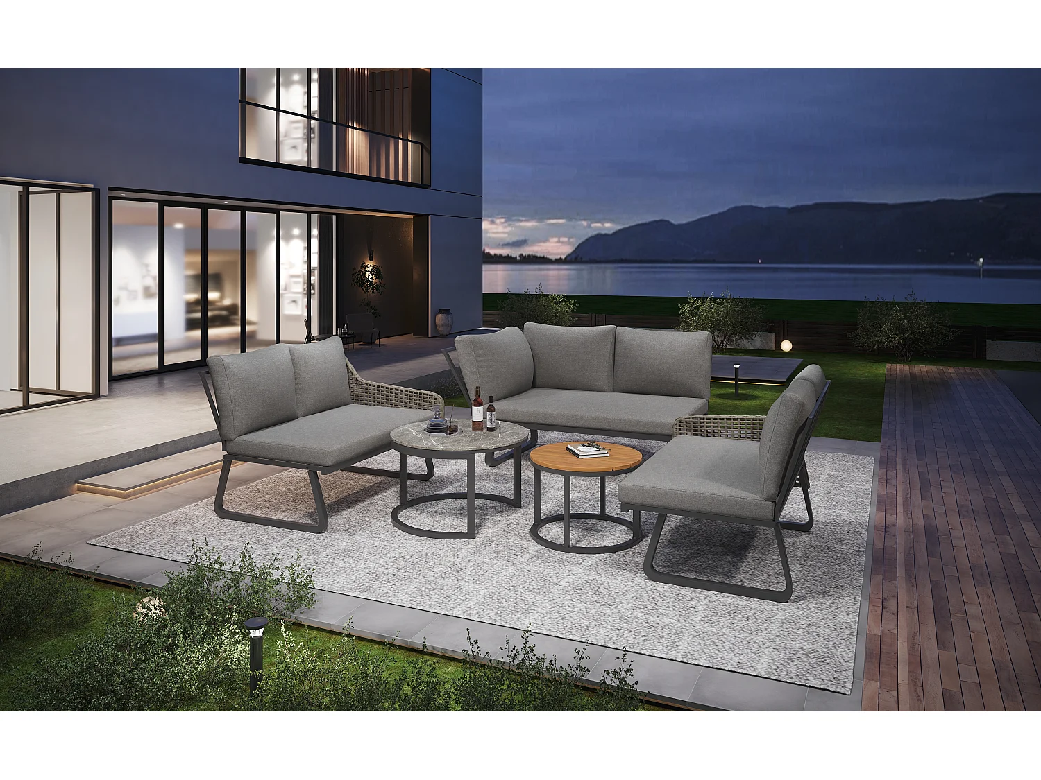 Zestaw mebli ogrodowych modułowych z ocynkowanego żelaza i rattanu: 3 dwuosobowe sofy + składane stoliki kawowe - Szary