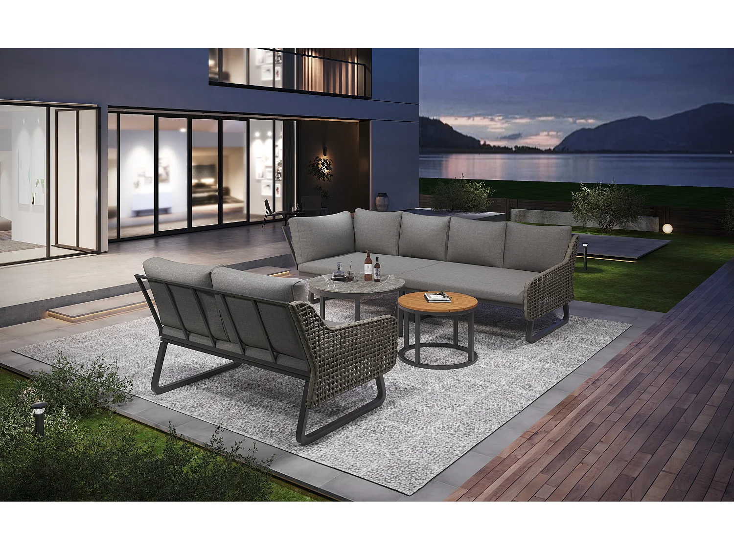 Zestaw mebli ogrodowych modułowych z ocynkowanego żelaza i rattanu: 3 dwuosobowe sofy + składane stoliki kawowe - Szary