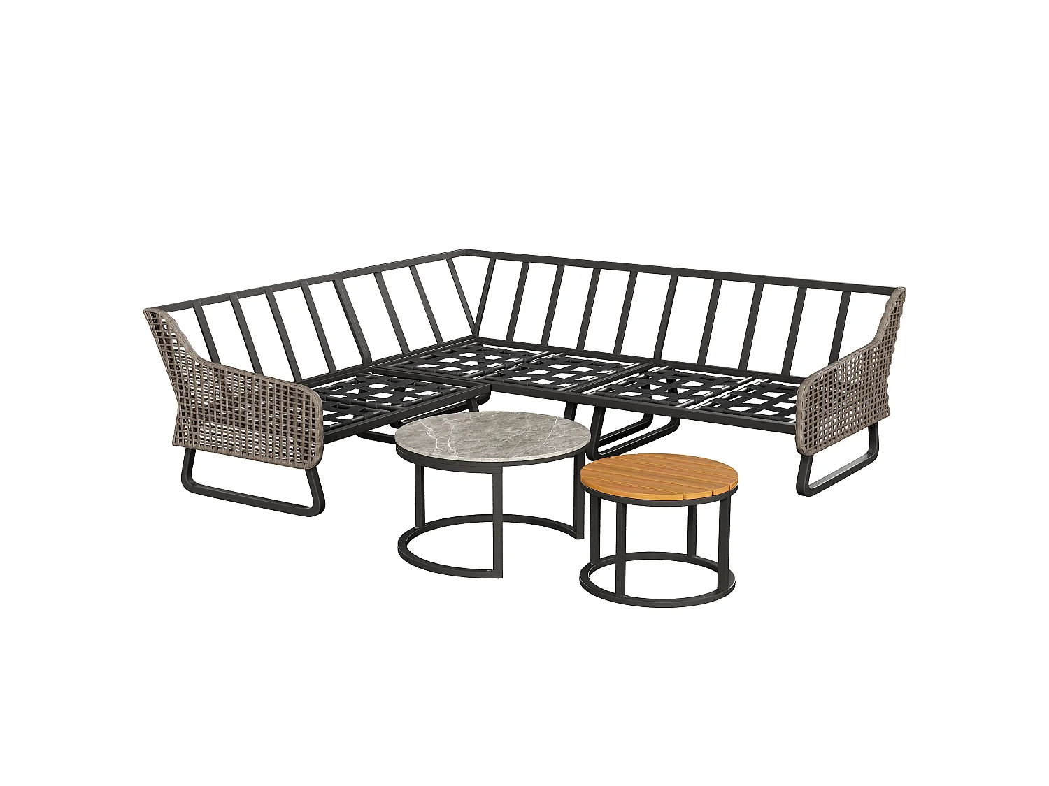 Zestaw mebli ogrodowych modułowych z ocynkowanego żelaza i rattanu: 3 dwuosobowe sofy + składane stoliki kawowe - Szary