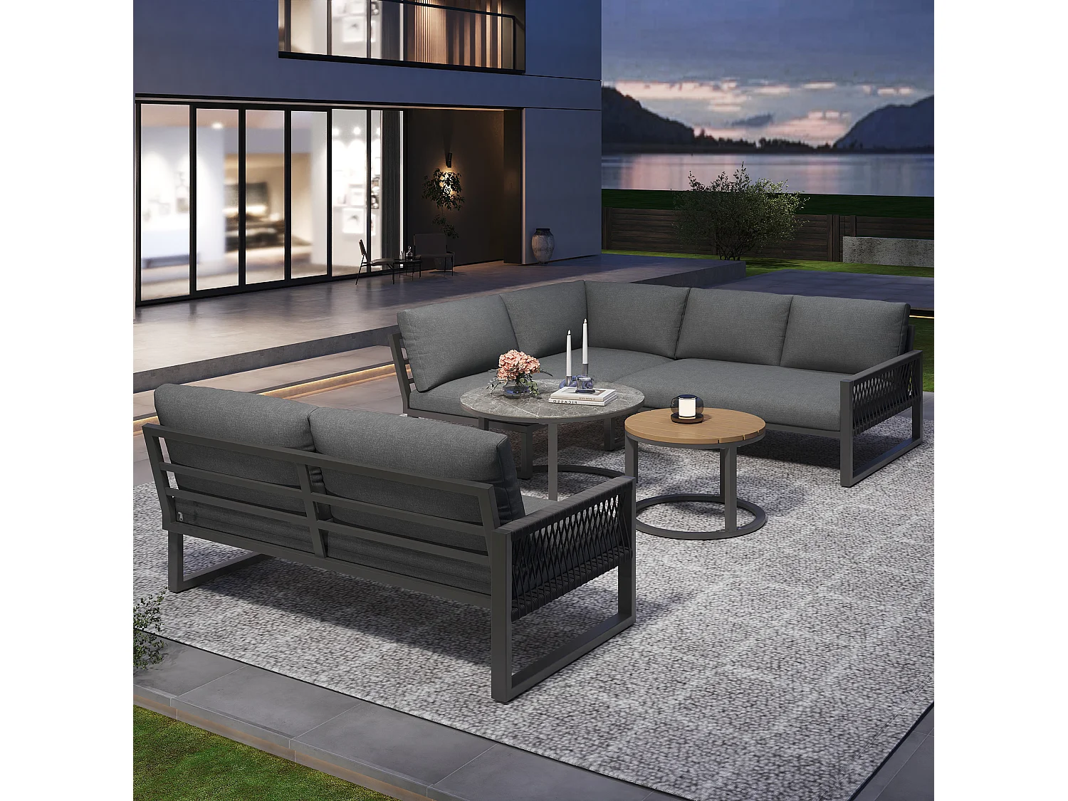 Zestaw mebli ogrodowych modułowych z ocynkowanego żelaza: 3 dwuosobowe sofy + składane stoliki kawowe - Szary