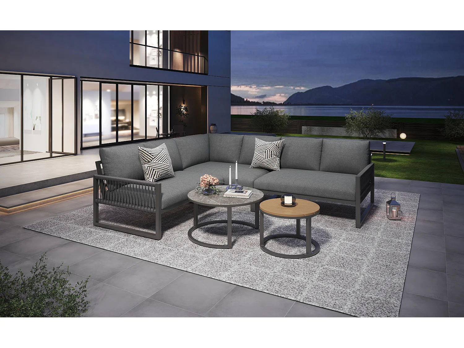 Zestaw mebli ogrodowych modułowych z ocynkowanego żelaza: 3 dwuosobowe sofy + składane stoliki kawowe - Szary