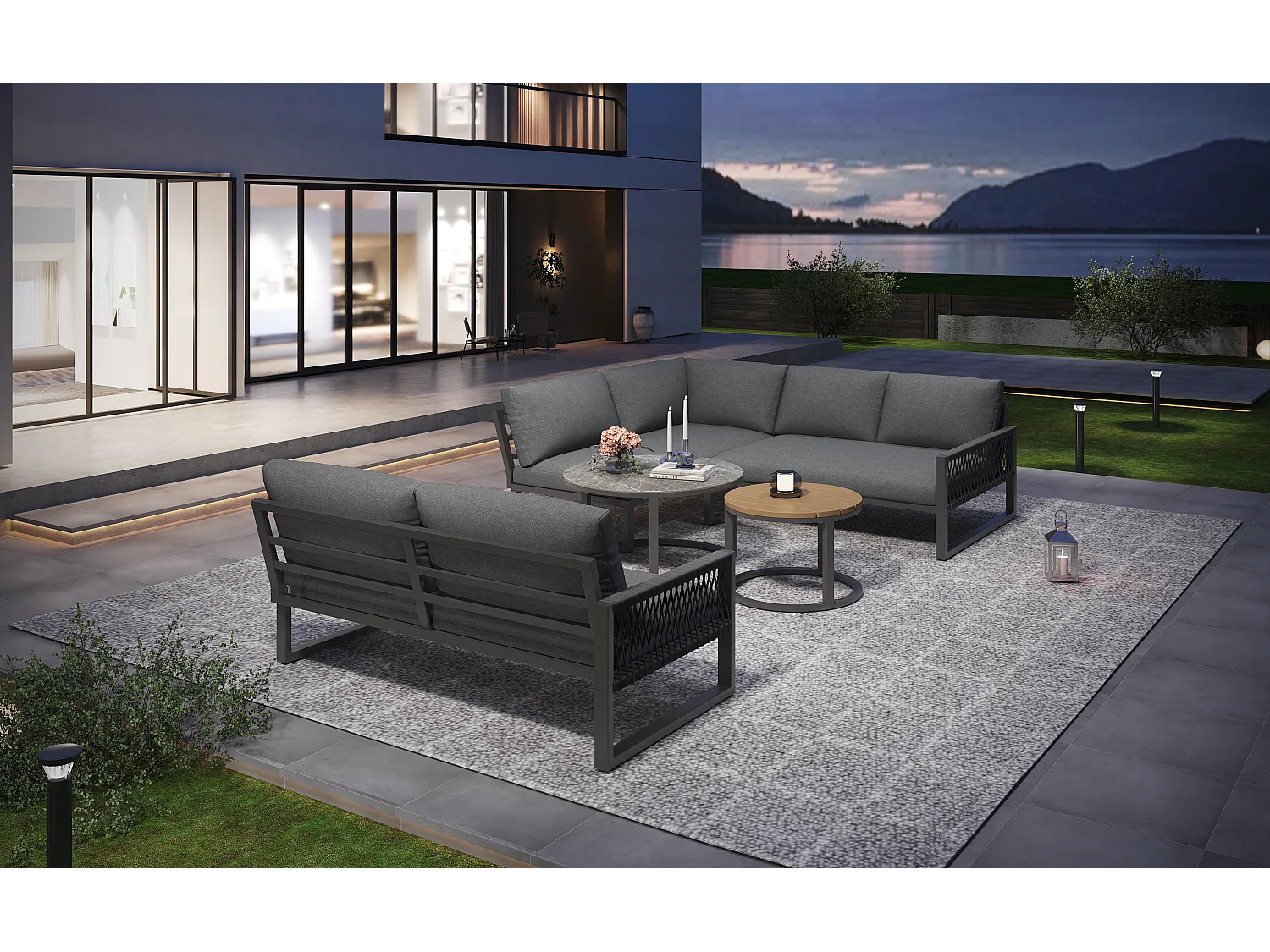 Zestaw mebli ogrodowych modułowych z ocynkowanego żelaza: 3 dwuosobowe sofy + składane stoliki kawowe - Szary