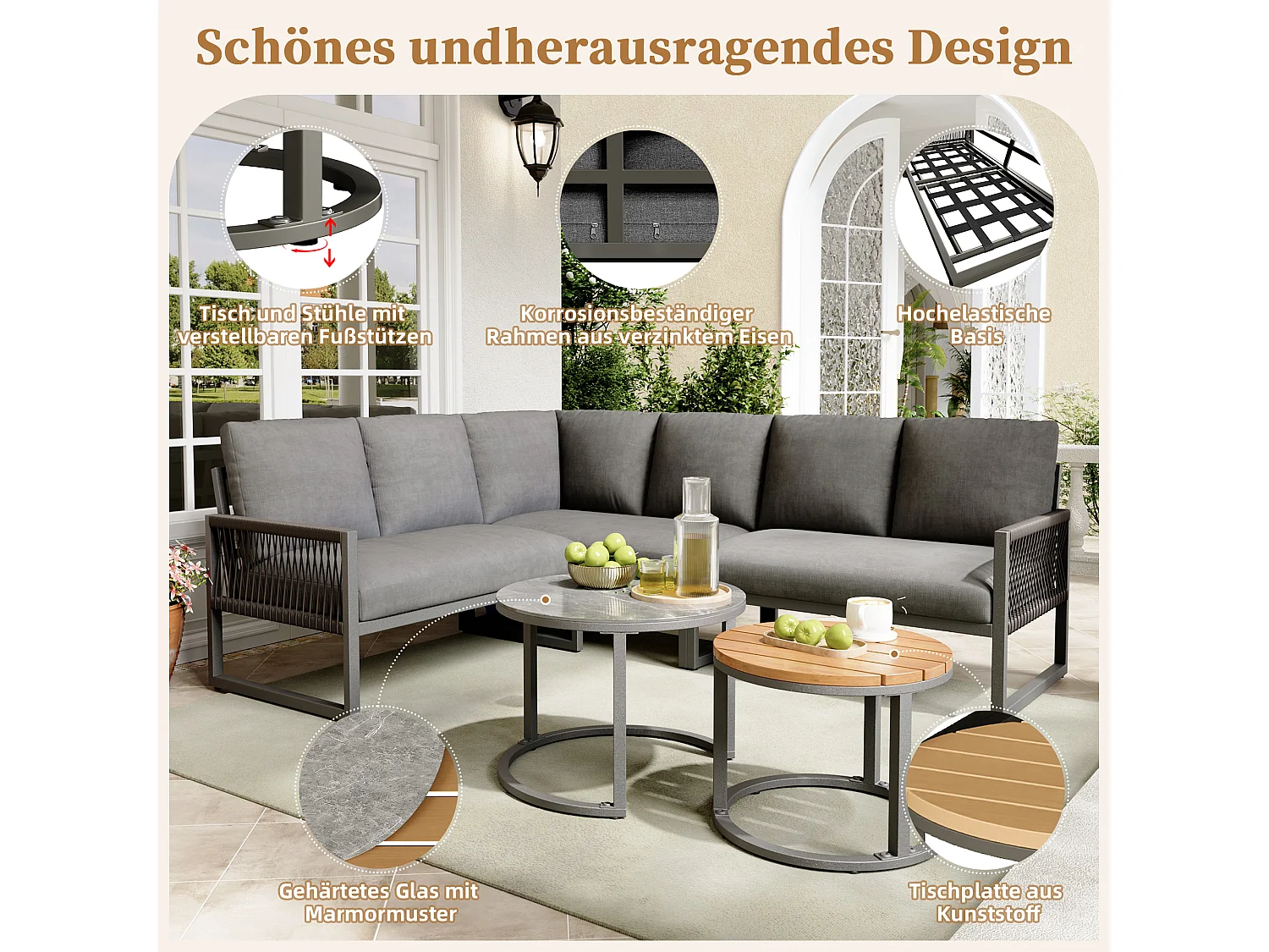 Zestaw mebli ogrodowych modułowych z ocynkowanego żelaza: 3 dwuosobowe sofy + składane stoliki kawowe - Szary