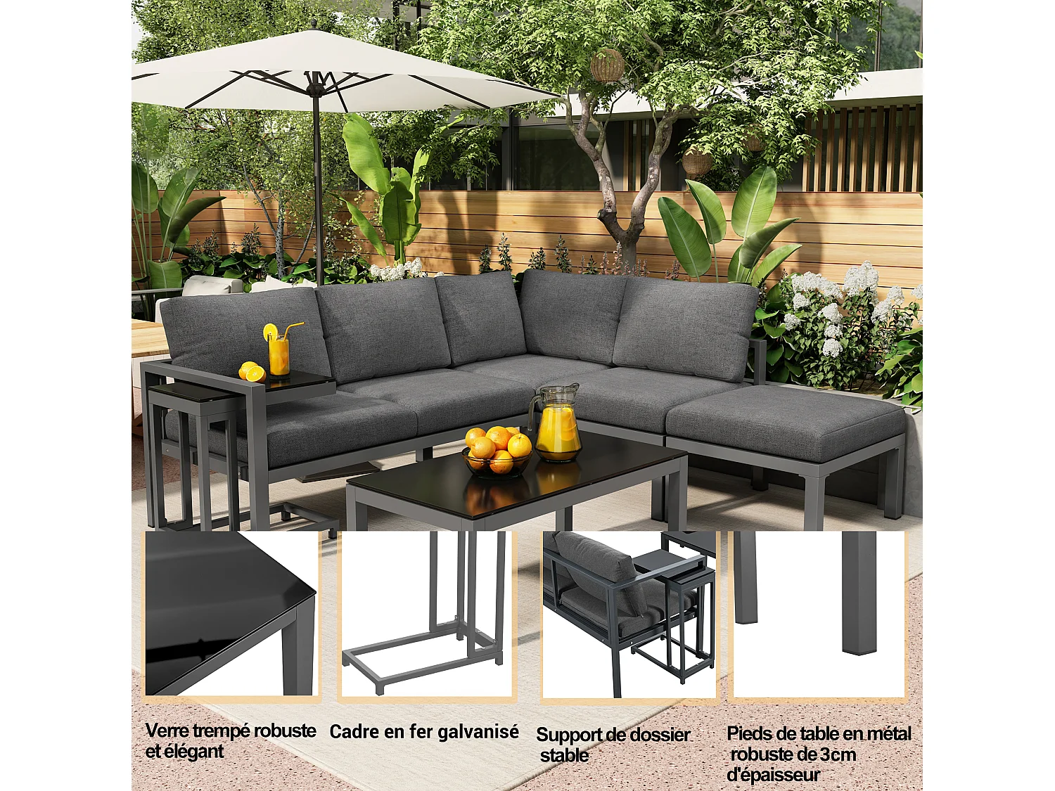 Salon de jardin modulable en métal: 2 canapé 2 places + 1 tabouret + 1 table basse + 1 table d'appoint - Gris