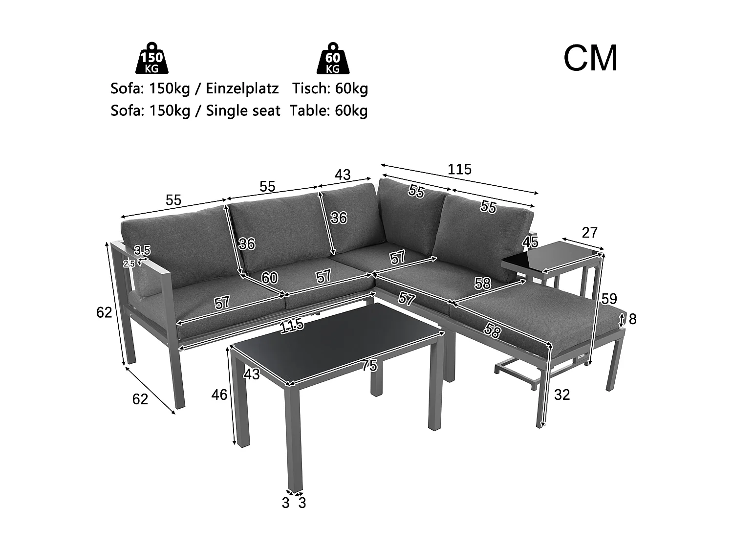 Salon de jardin modulable en métal: 2 canapé 2 places + 1 tabouret + 1 table basse + 1 table d'appoint - Gris