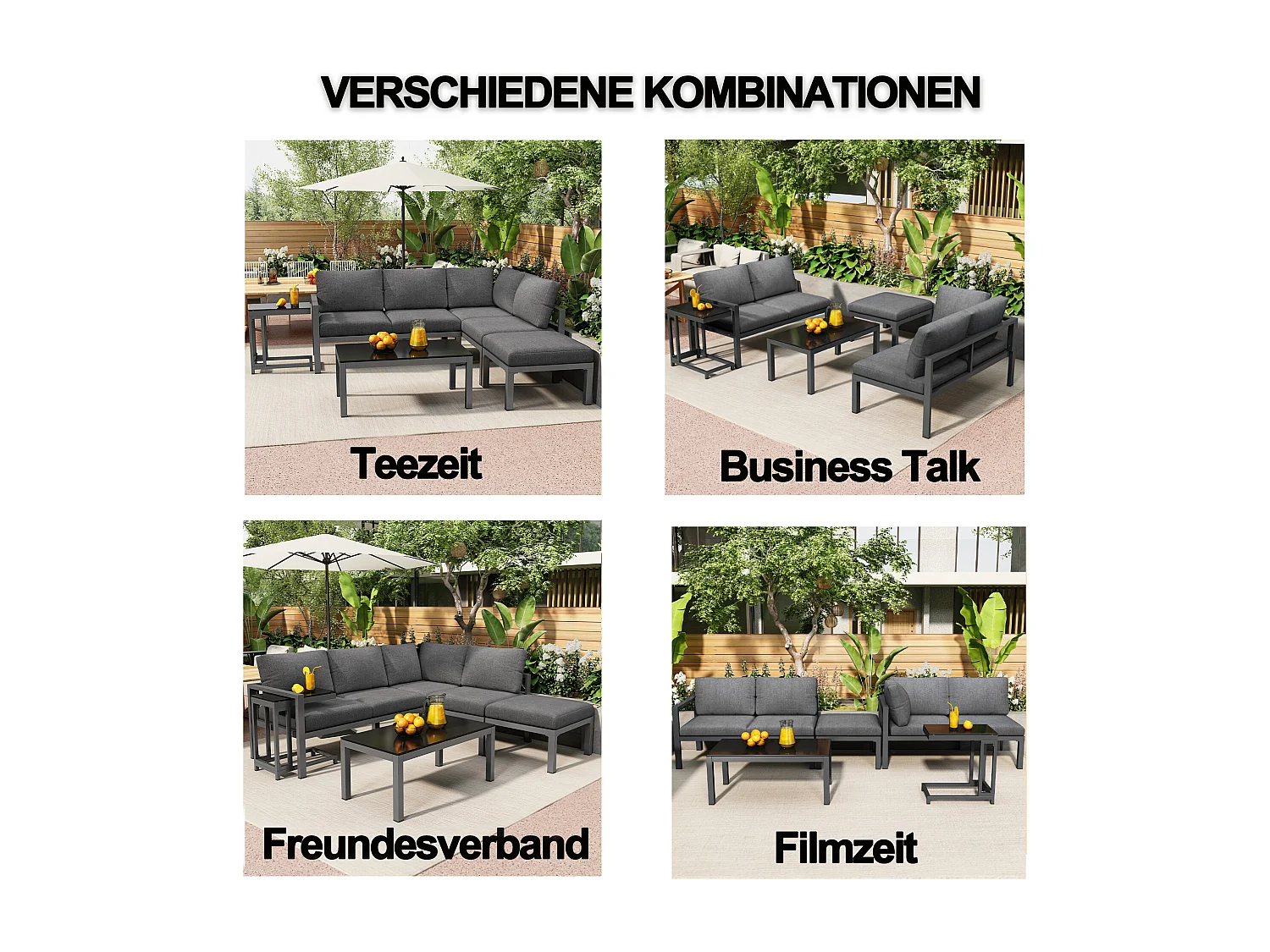 Salon de jardin modulable en métal: 2 canapé 2 places + 1 tabouret + 1 table basse + 1 table d'appoint - Gris