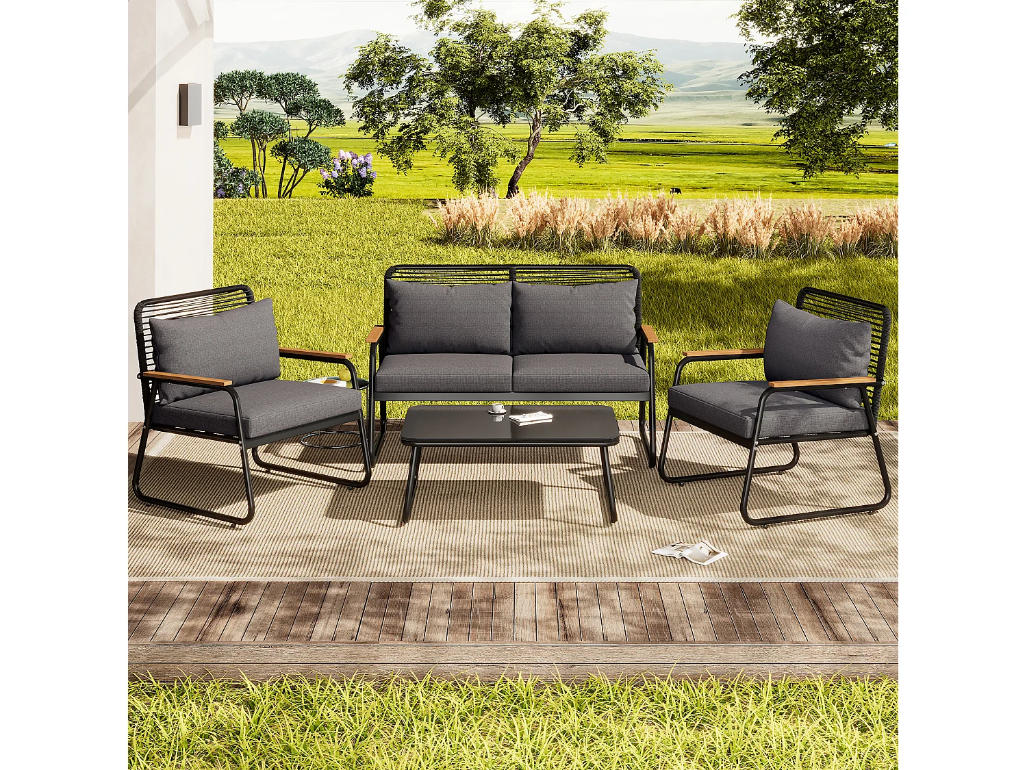Salon de jardin modulable en fer galvanisé : 1 canapé 2 places + 2 fauteuils + table basse - Gris