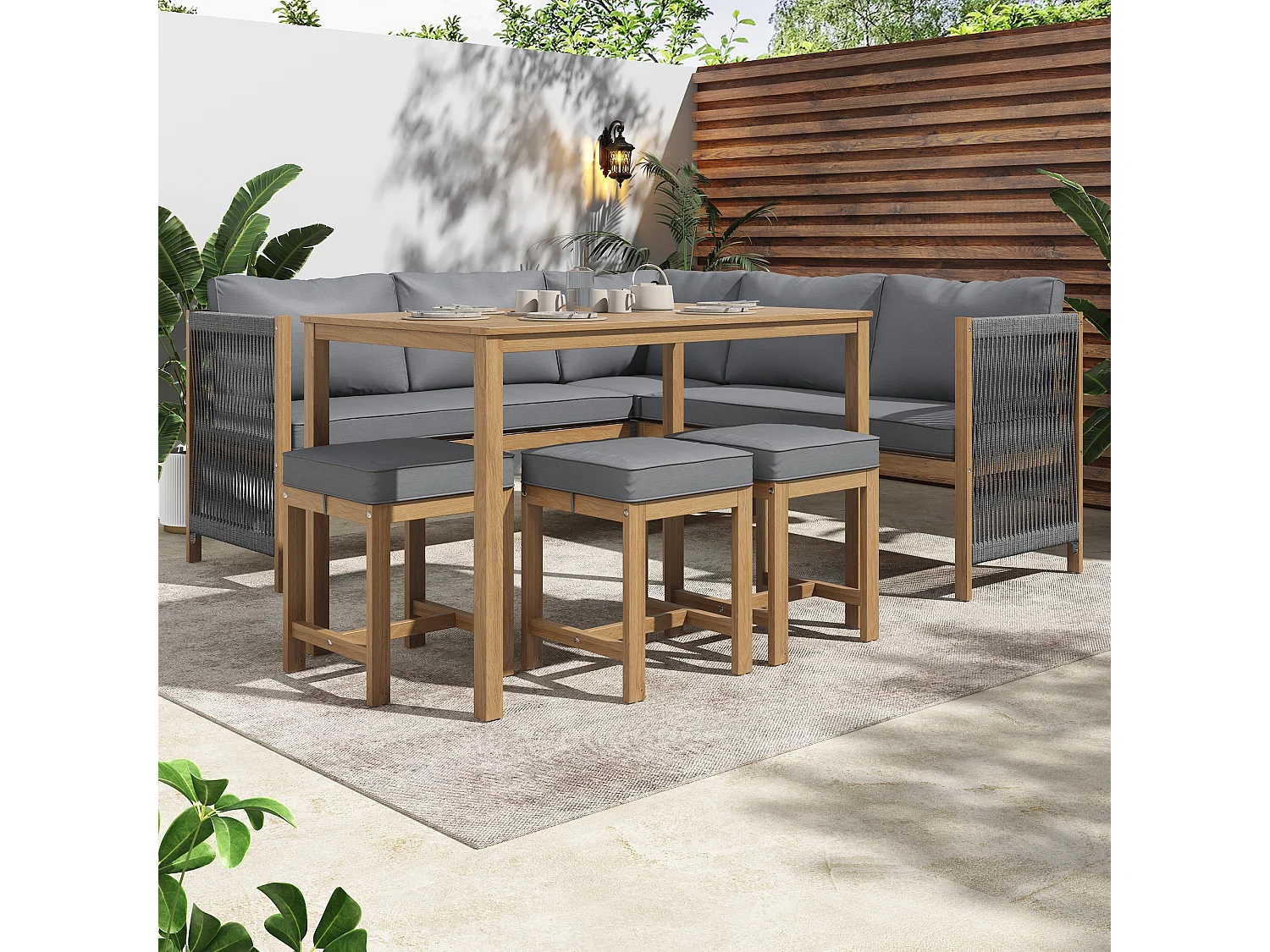 Modulaire tuinmeubelen in acaciahout: 1 3-zitsbank + 1 2-zitsbank + 3 krukken + 1 tafel - Grijs + naturel