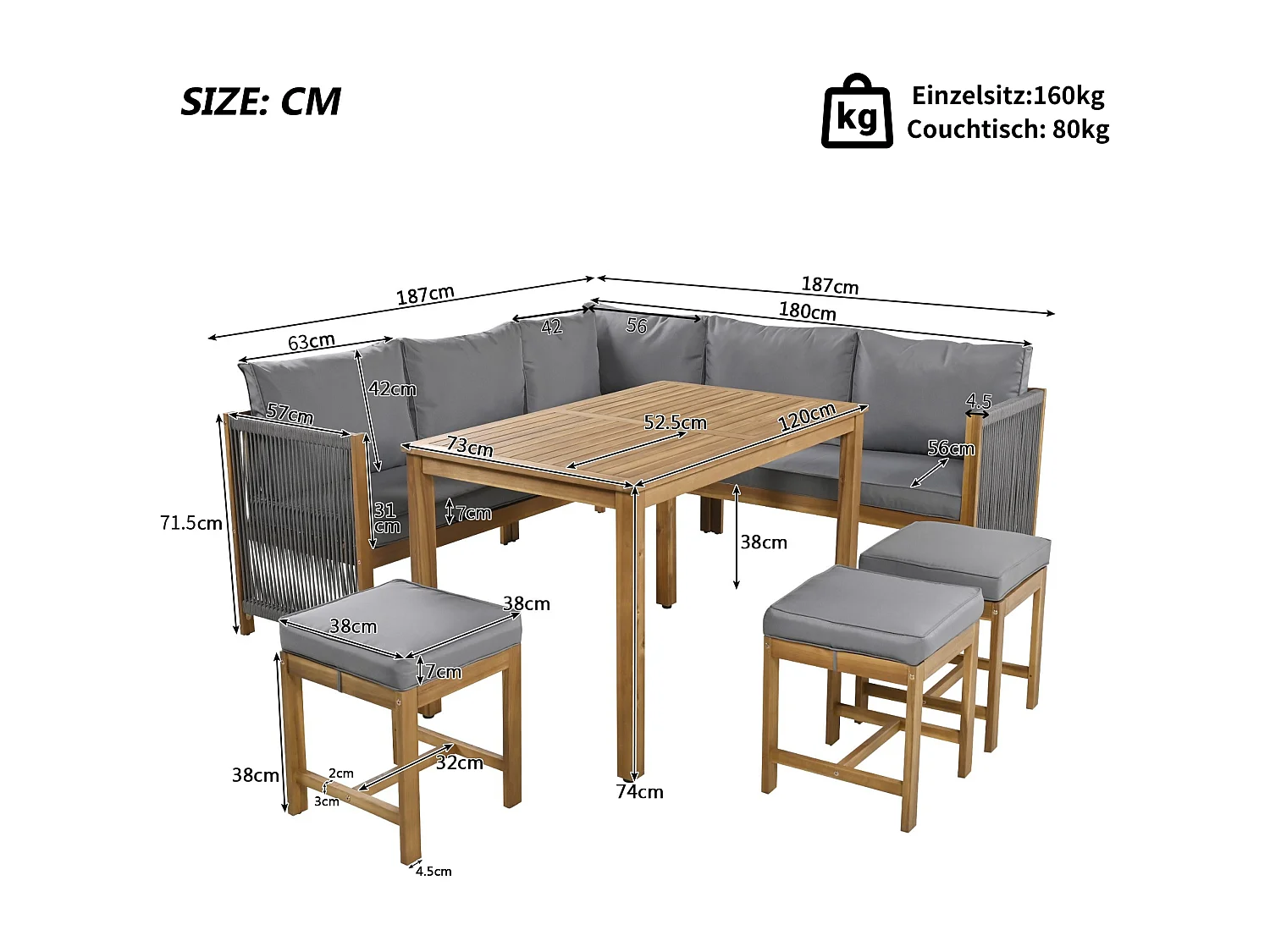 Modulaire tuinmeubelen in acaciahout: 1 3-zitsbank + 1 2-zitsbank + 3 krukken + 1 tafel - Grijs + naturel
