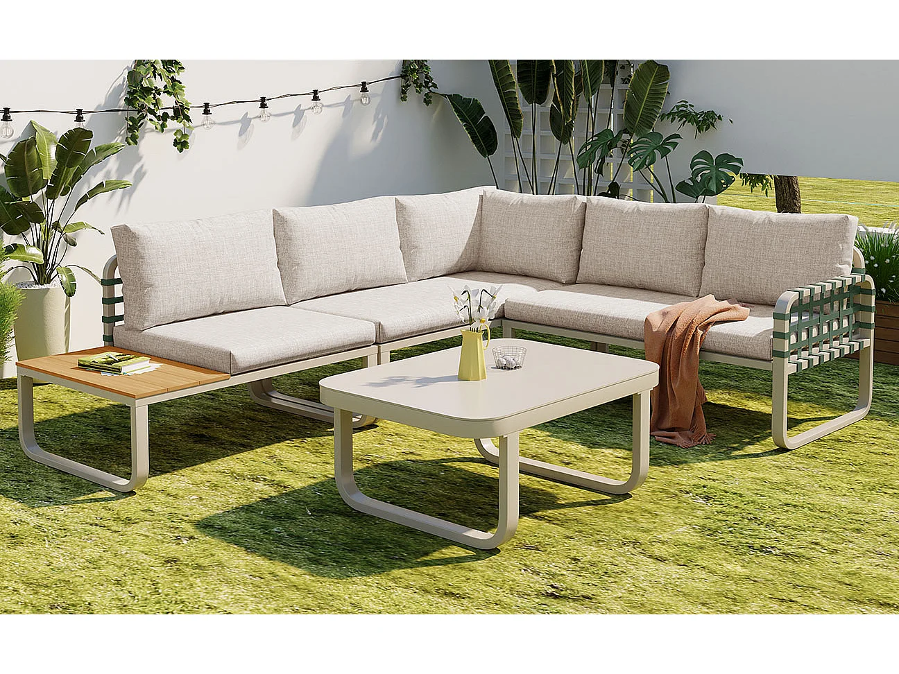 Arredo da giardino componibile in ferro e corda: 2 divani 2 posti + 1 divano 1 posto + 1 tavolino - Albicocca