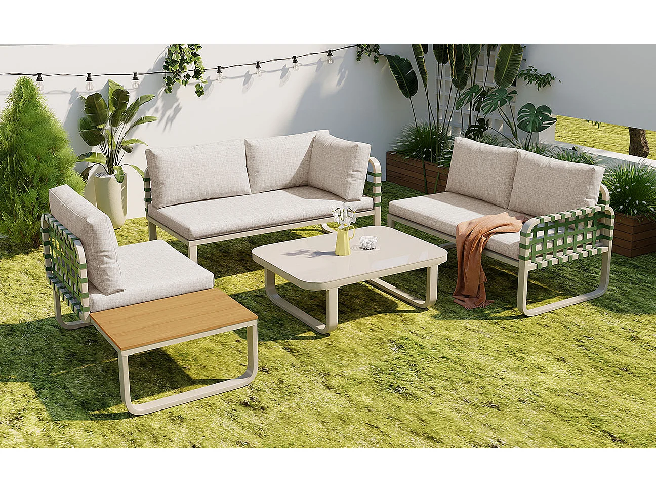 Arredo da giardino componibile in ferro e corda: 2 divani 2 posti + 1 divano 1 posto + 1 tavolino - Albicocca