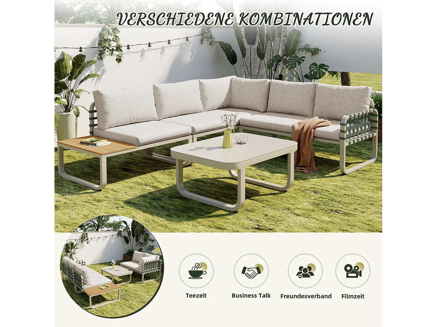 Arredo da giardino componibile in ferro e corda: 2 divani 2 posti + 1 divano 1 posto + 1 tavolino - Albicocca