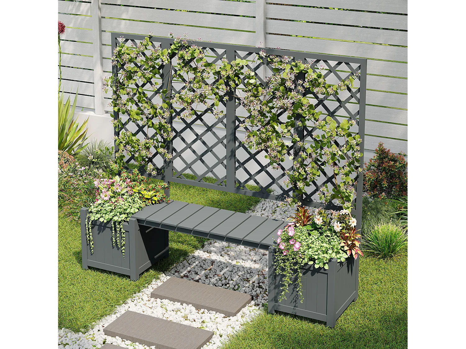 Lote de 2 Jardineras con patas y enrejado de madera maciza + 1 banco - 169 x 42 x 145 cm - Gris