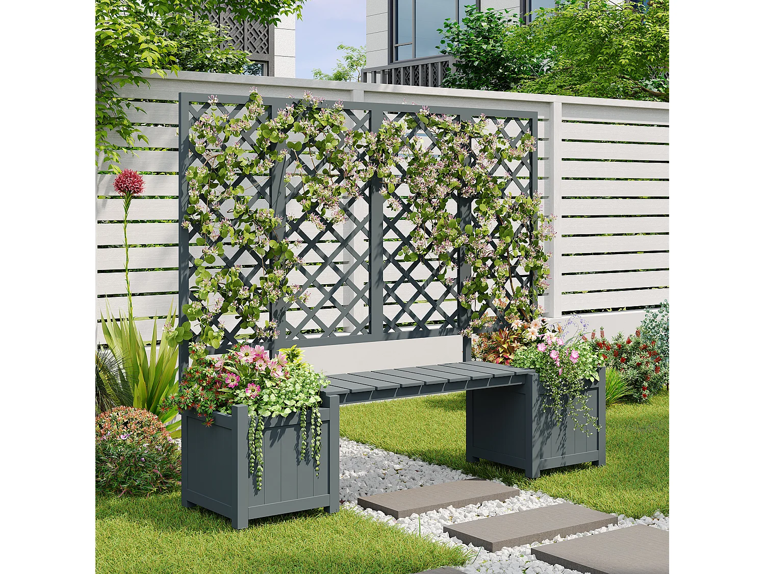 Lote de 2 Jardineras con patas y enrejado de madera maciza + 1 banco - 169 x 42 x 145 cm - Gris