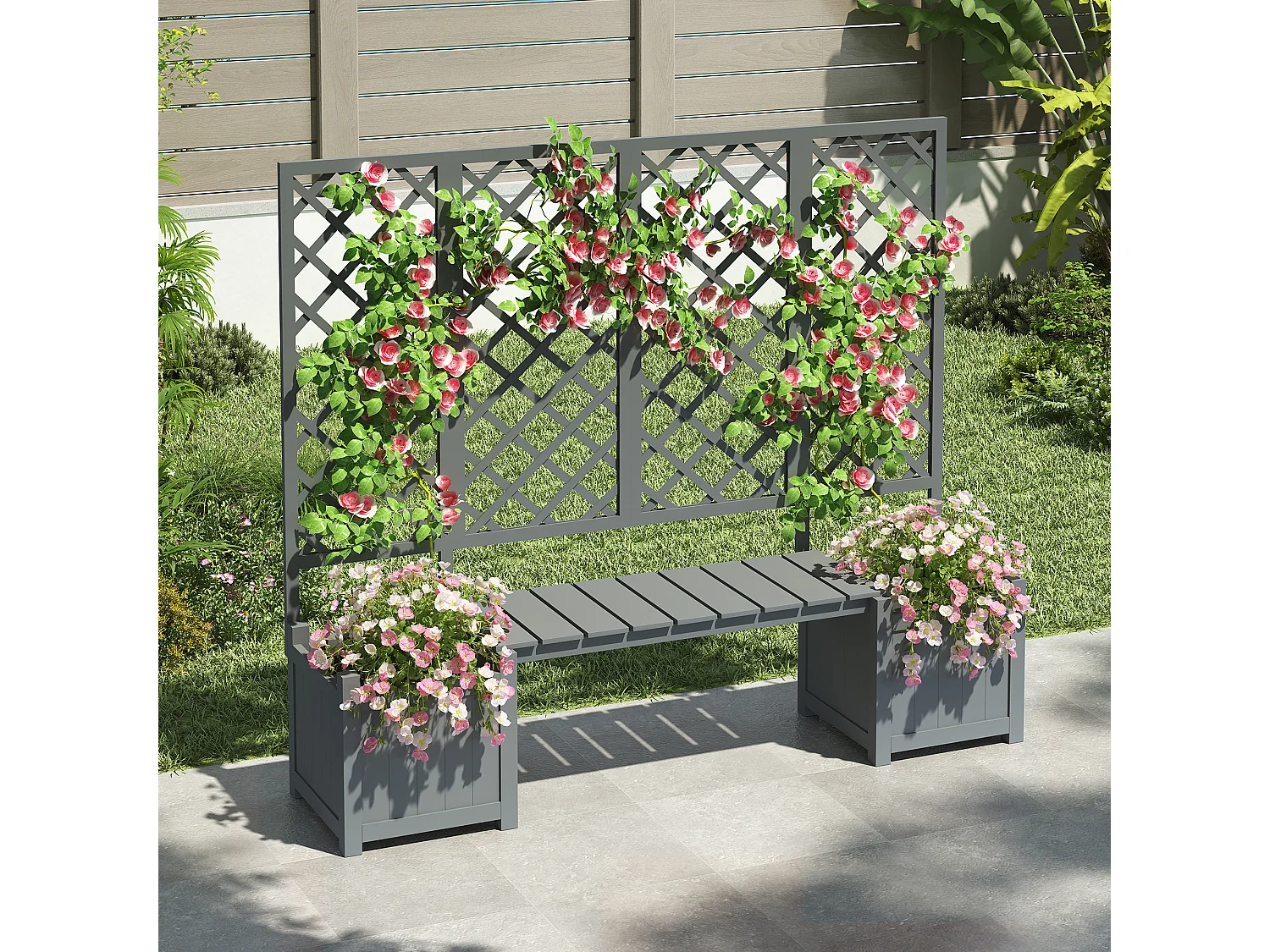 Lote de 2 Jardineras con patas y enrejado de madera maciza + 1 banco - 169 x 42 x 145 cm - Gris