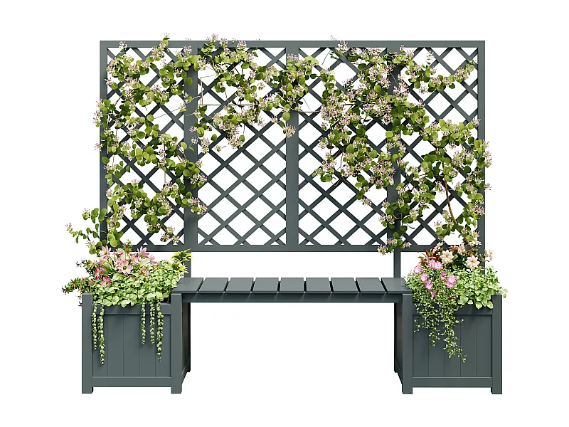 Lote de 2 Jardineras con patas y enrejado de madera maciza + 1 banco - 169 x 42 x 145 cm - Gris