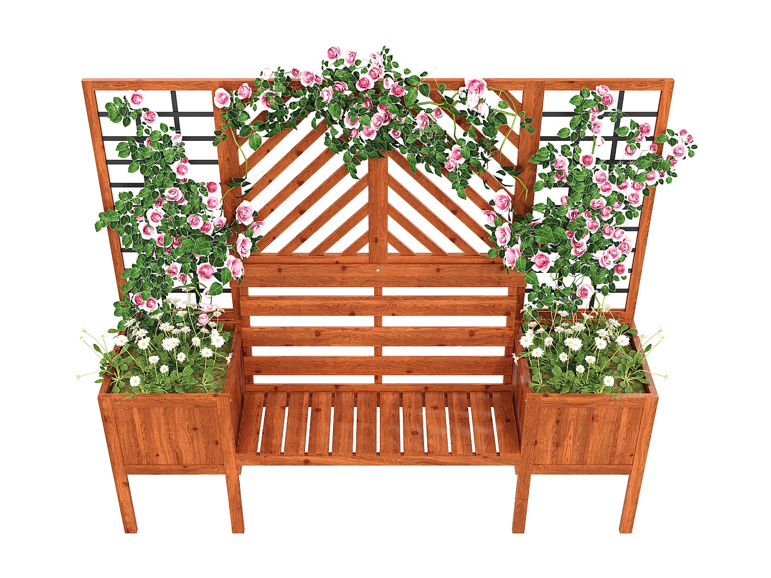 Zestaw 2 doniczek na nogach z kratownicą z litego drewna + 1 ławka 2-osobowa - 170 x 42 x 145 cm - Brązowy