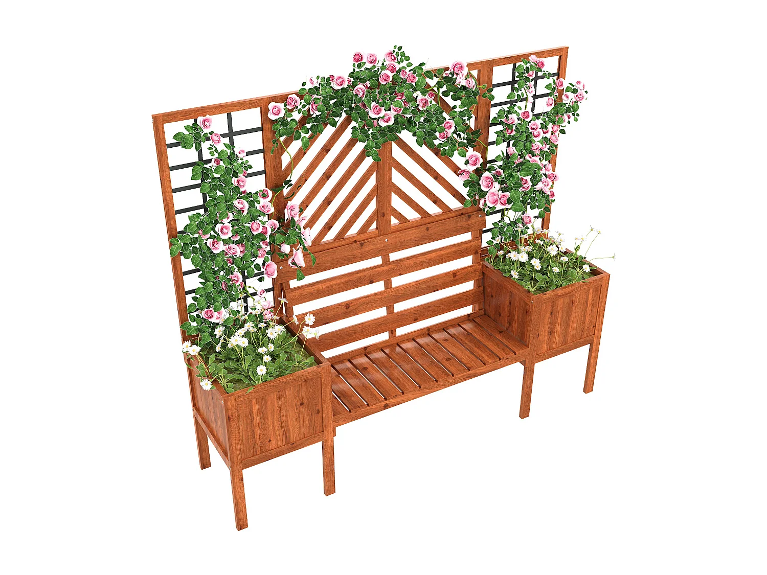 Zestaw 2 doniczek na nogach z kratownicą z litego drewna + 1 ławka 2-osobowa - 170 x 42 x 145 cm - Brązowy