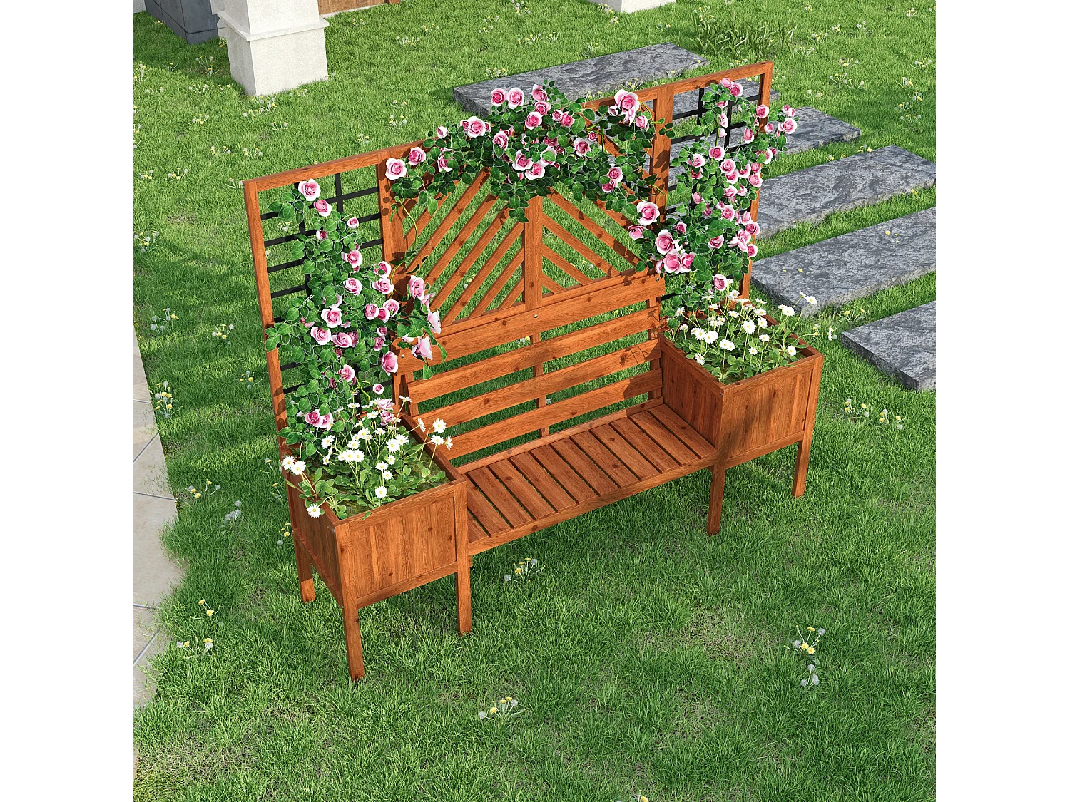 Zestaw 2 doniczek na nogach z kratownicą z litego drewna + 1 ławka 2-osobowa - 170 x 42 x 145 cm - Brązowy