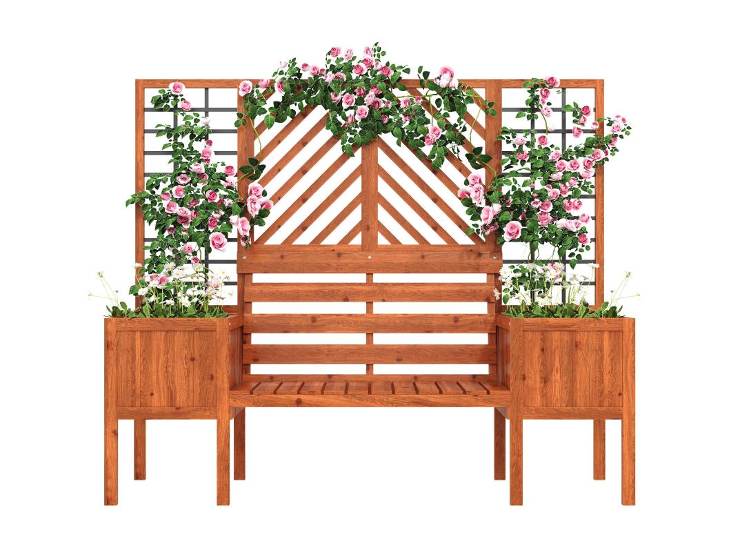 Set van 2 plantenbakken op poten met massief houten trellis + 1 2-zitsbank - 170 x 42 x 145 cm - Bruin