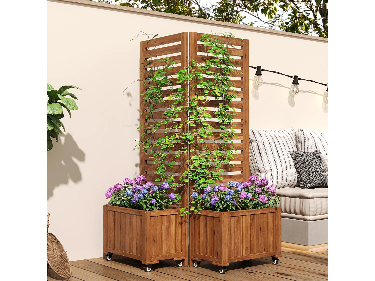 2er-Set umwandelbarer Pflanzkübel mit Spalier und Rollen aus Massivholz - 102 x 32 x 150 cm - Braun