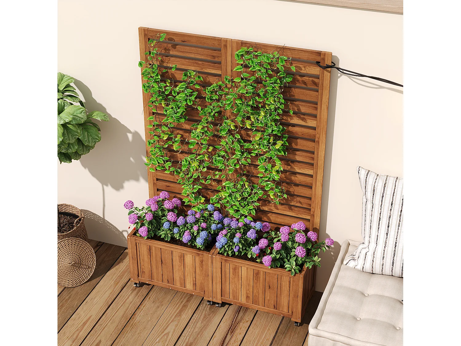 2er-Set umwandelbarer Pflanzkübel mit Spalier und Rollen aus Massivholz - 102 x 32 x 150 cm - Braun