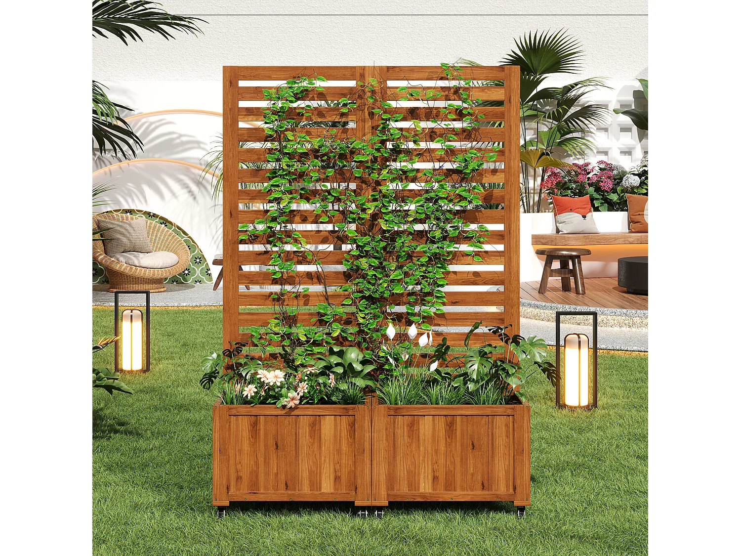 Jardinière avec treillis pour plantes grimpantes - 102.5 x 32 x 152.5 - avec roulettes pliables - bois - naturel